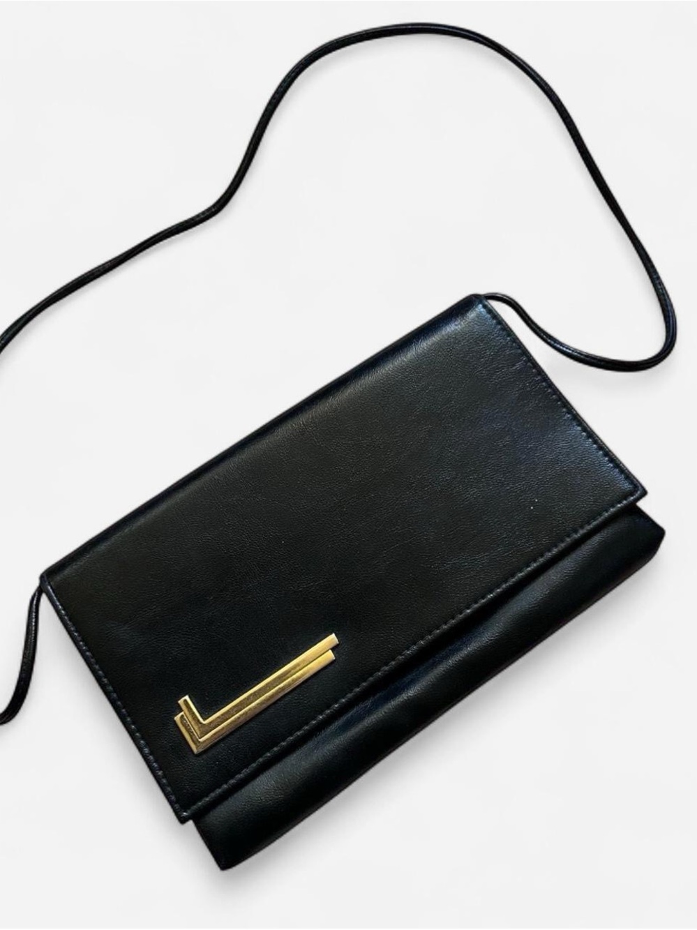 Vintage Black Leather clutch Bag with Gold Accent